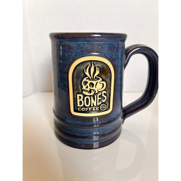 Bones Coffee Co. Deneen Pottery Mug With Skull Logo Design Blue Glaze 16 Oz - Picture 1 of 4